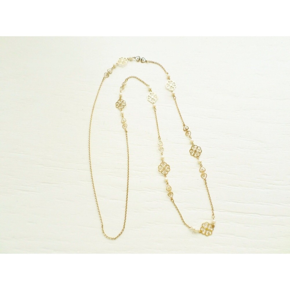 Vintage Long Gold Tone Chain Ivory Faux Pearl Necklace, Over The Head,Feminine,